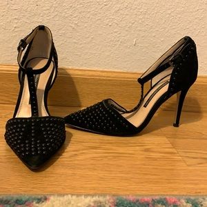 Black Studded Pointed Toe Heels with T Strap